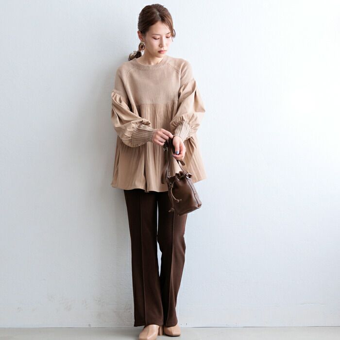 日本 ihuu - A字顯瘦百摺氣球袖針織上衣-黃