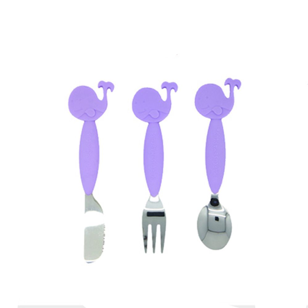 MARCUS＆MARCUS - 動物樂園不銹鋼刀叉匙三件組-紫鯨魚