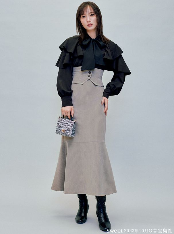 日本 GRL - 雜誌掲載 荷葉層次拼接高腰魚尾洋裝-黑x灰