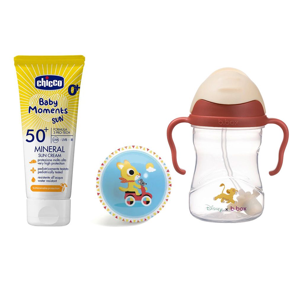寶貝嬰兒輕潤物理防曬乳霜(SPF50+)75ml+B.BOX升級版防漏PP水杯240ml+DJECO發展遊戲彈力球12cm隨機-獅子王