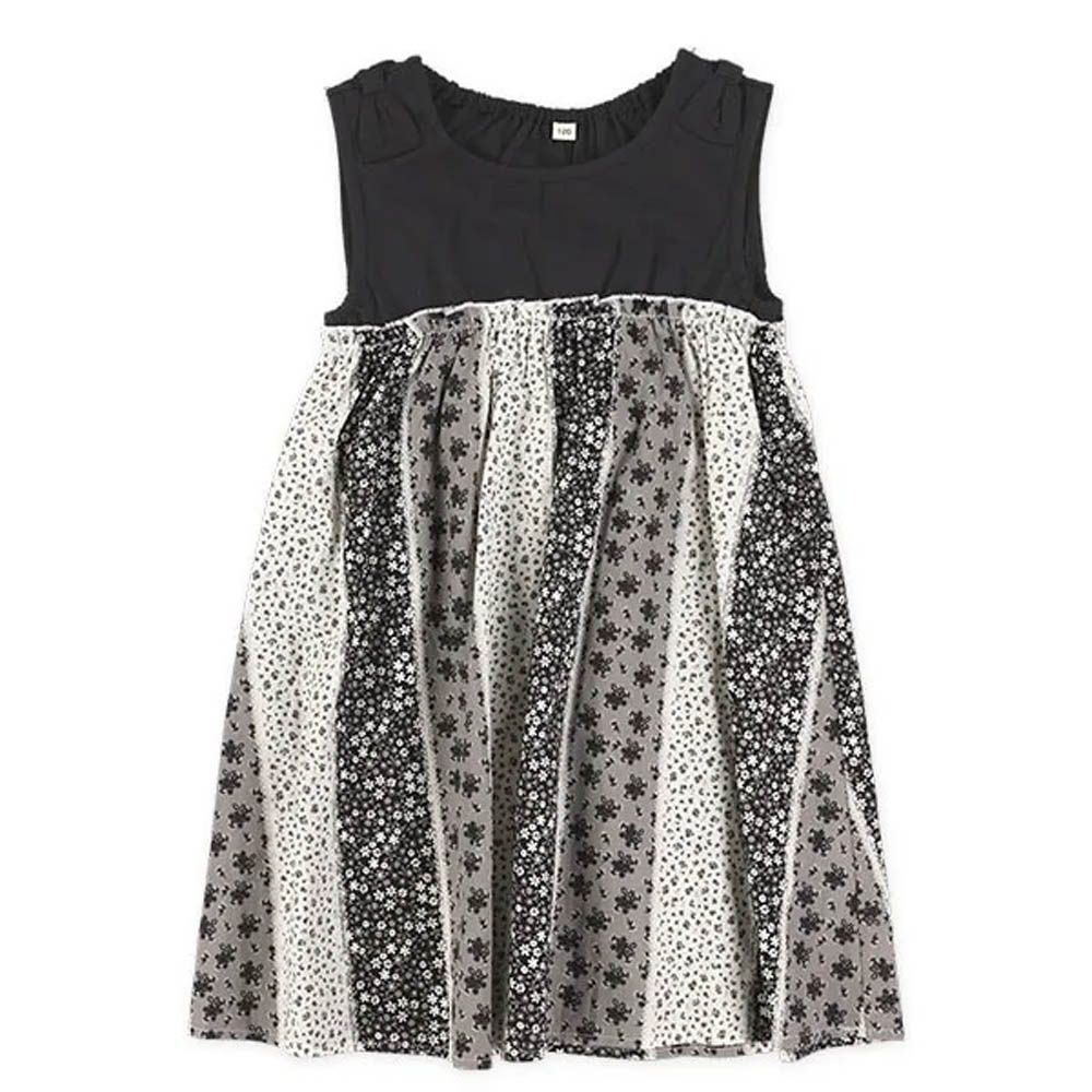 渡假風印花拼接無袖洋裝-黑