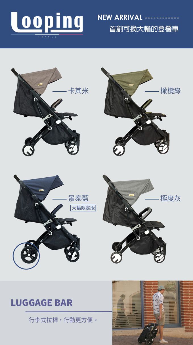 法國 Looping - Squizz3 行李式嬰兒推車 2023年版-極度灰-標準輪組+專屬雨罩+收納袋