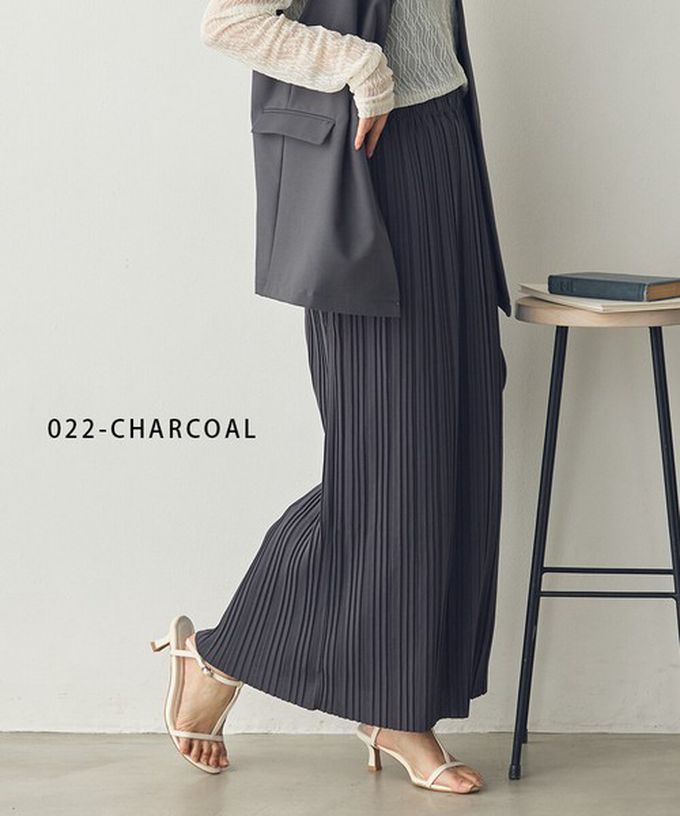 日本 Sans Souci 34+ - 細摺搖曳優雅長裙(全腰鬆緊)-炭灰 (M)
