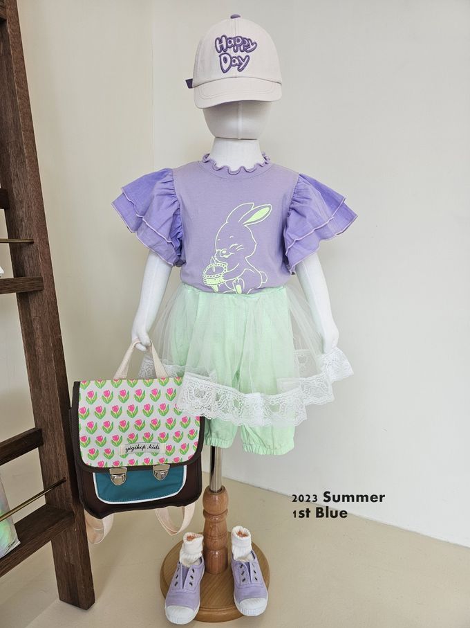 韓國 First Blue - 層次蝴蝶袖花領上衣-蛋糕兔兔-白