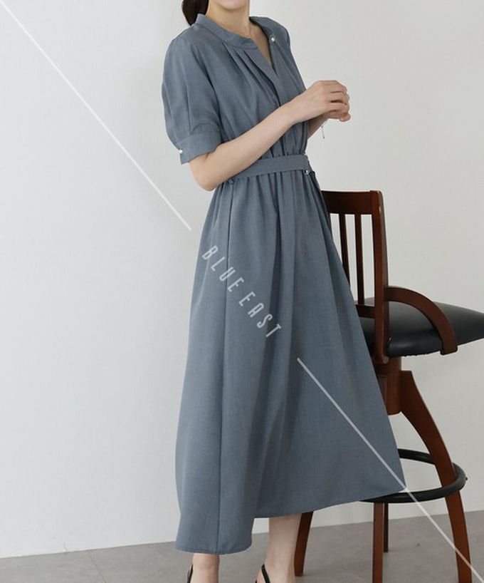 日本 BLUE EAST - 優雅打褶2way領束腰短袖洋裝-灰藍