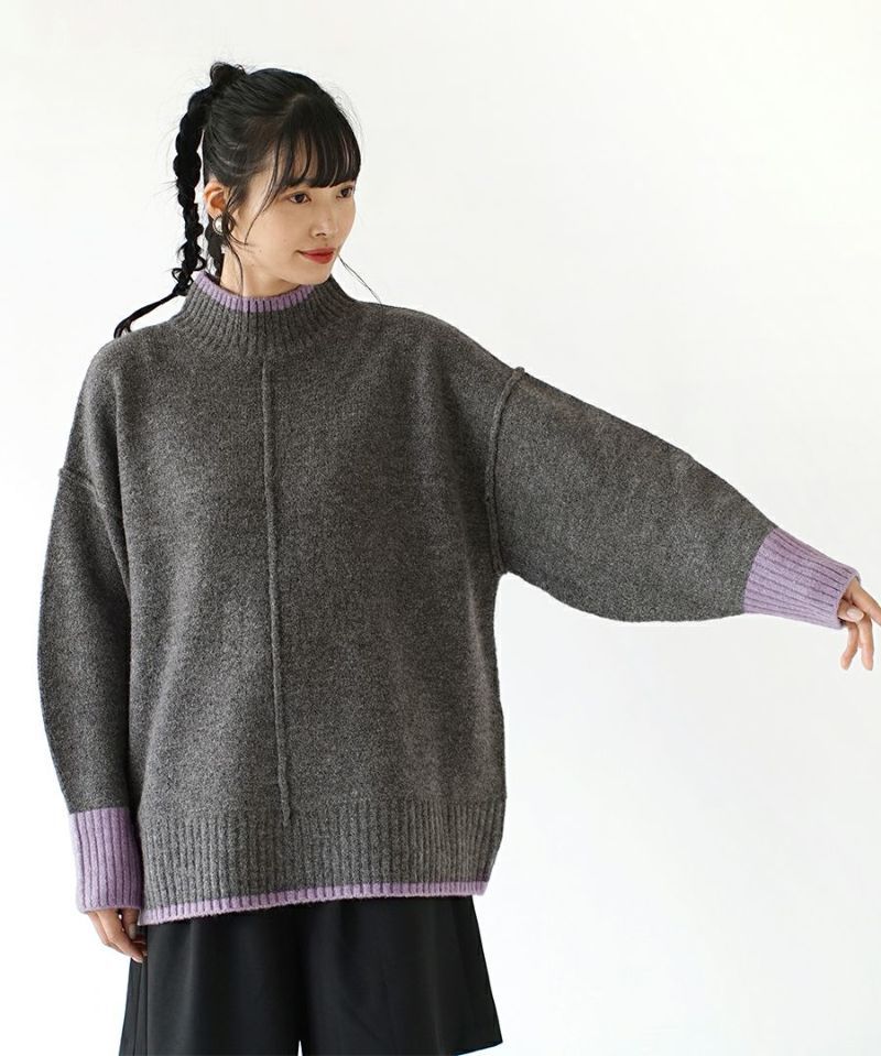 日本 zootie - 滾邊撞色落肩針織毛衣-淺灰
