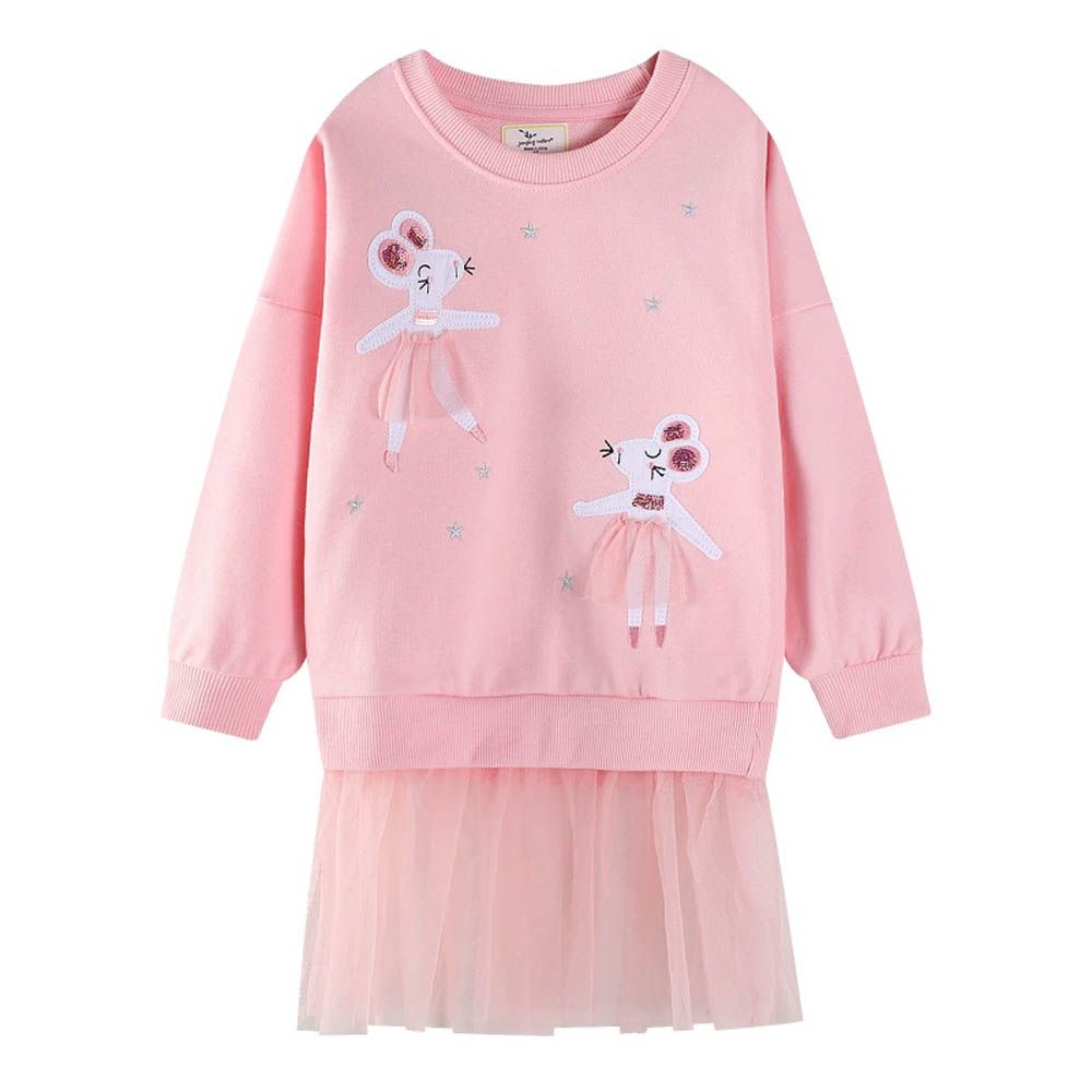 棉質圓領長袖連身網紗洋裝-裙擺小鼠-粉色