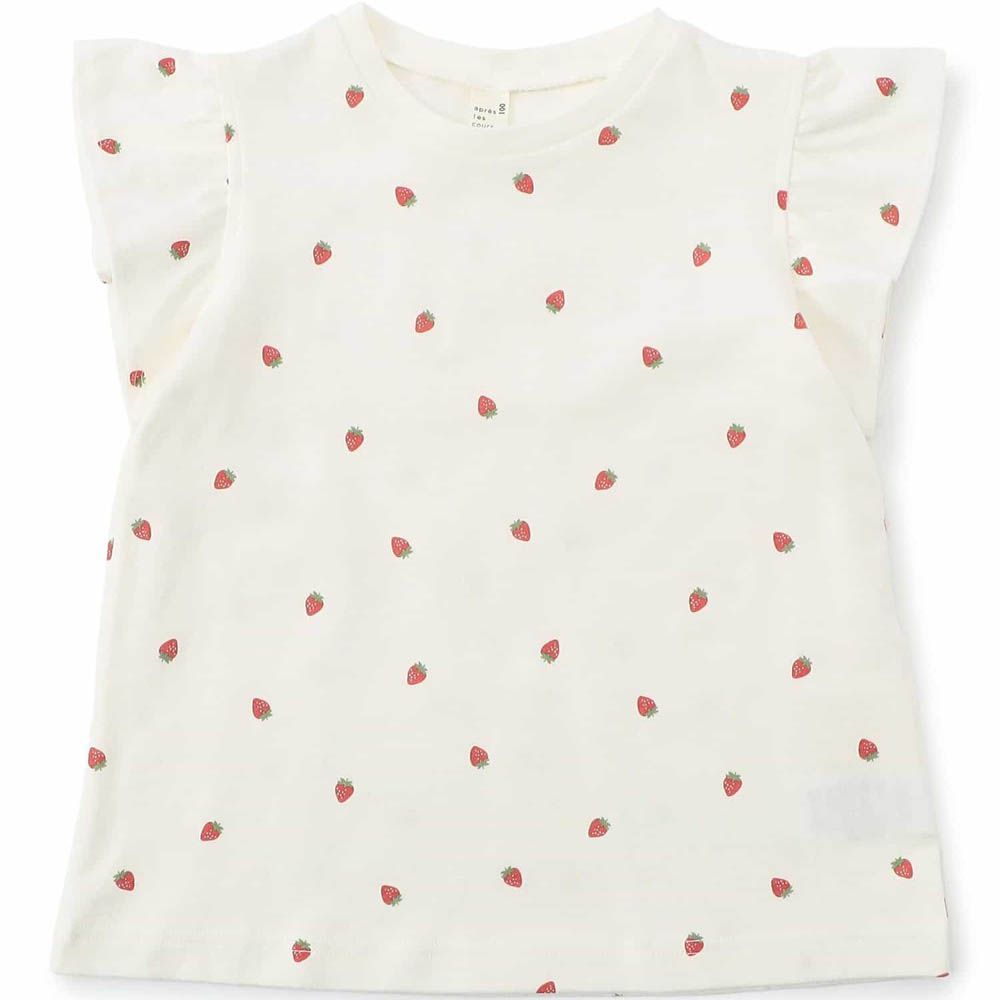 清爽印花荷葉短袖上衣-草莓-象牙白