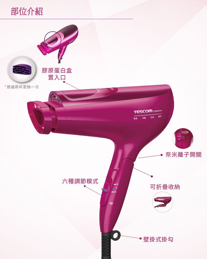 日本 TESCOM - 白金膠原蛋白吹風機 TCD5000TW-粉