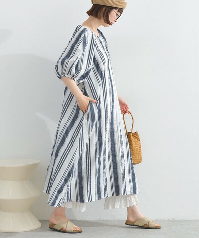 日本 Lupilien - 前後2way 印度棉泡泡袖輕盈洋裝-淺軍綠