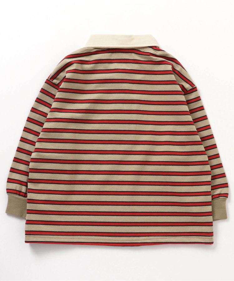 日本 BREEZE - 橄欖球風橫條長袖polo衫-紅卡其