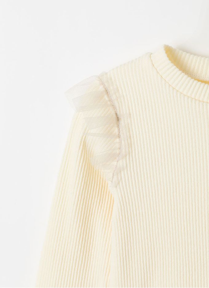 韓國 OZKIZ - 網紗裝飾彈性長袖上衣-象牙白