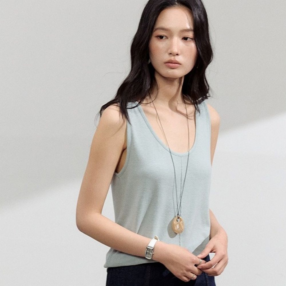 雲感天絲混亞麻中線U領背心-霧藍