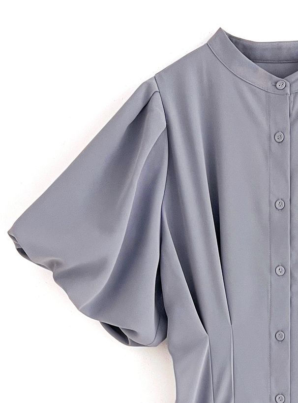 日本 GRL - 小立領收腰修身泡泡袖排扣洋裝-石墨灰