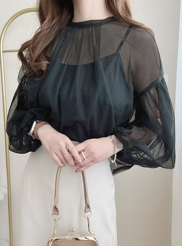 日本 GRL - 夢幻透膚落肩泡泡袖上衣(附內搭)-米杏 (F)