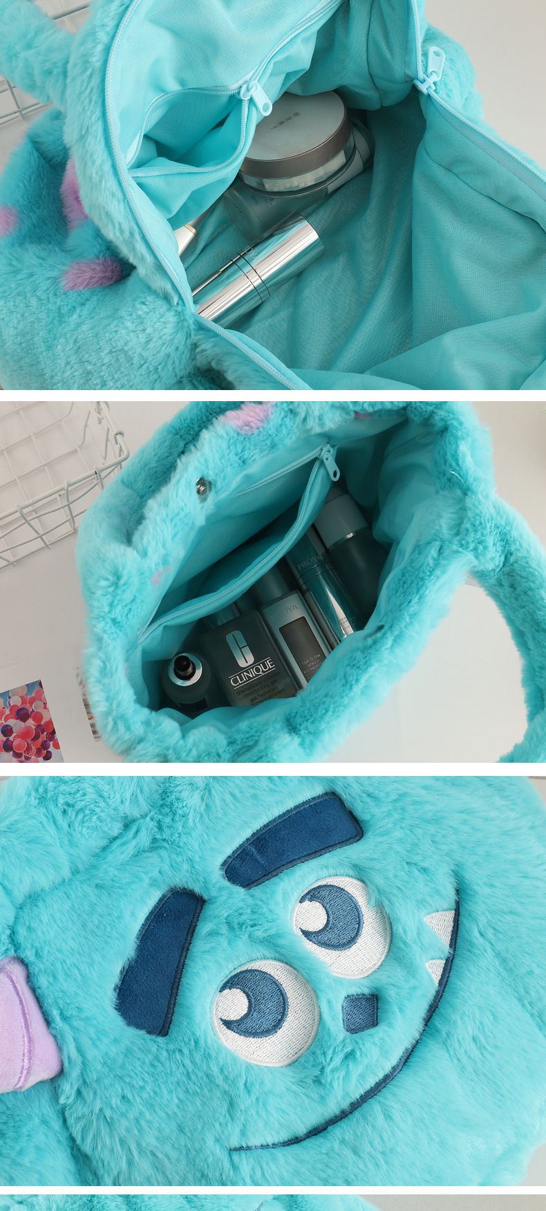 卡通毛茸茸造型手提包-卡通人物毛怪-藍色 (31x12x22cm)