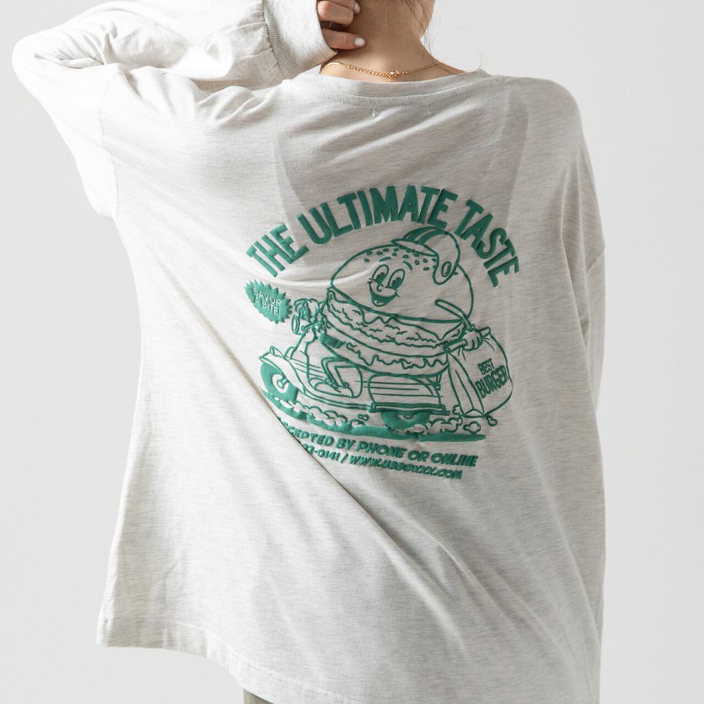 俏皮美式漢堡泡棉印花長袖T恤-白x綠