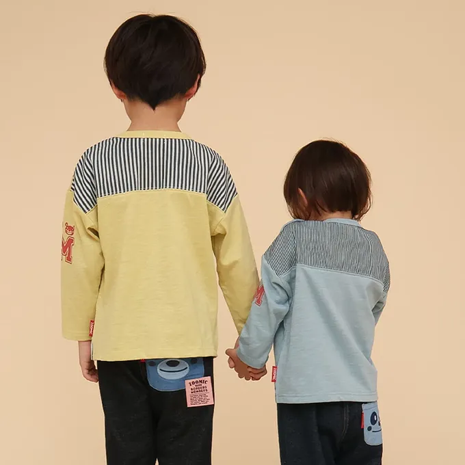 日本 ZOOLAND - 春季拼接風長袖上衣-滑板車小熊-水藍