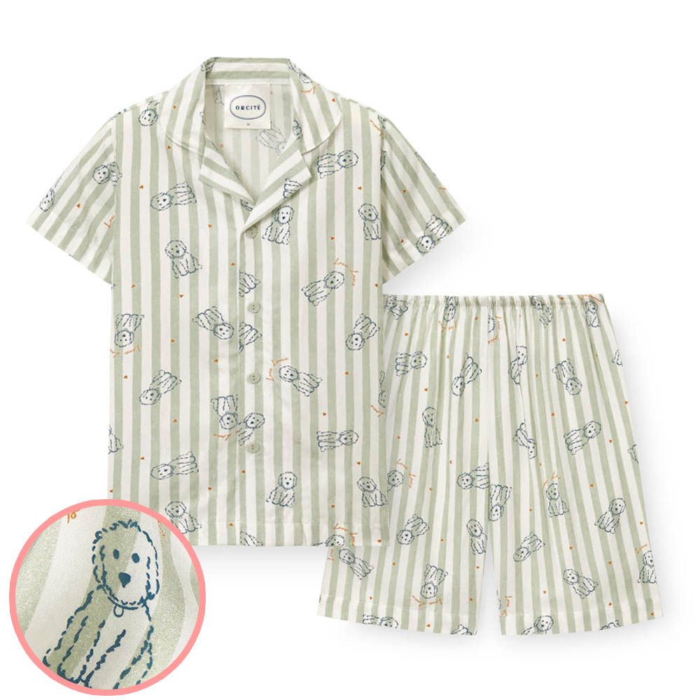 (男寶)輕柔嫘縈翻領短袖睡衣套裝-直紋狗狗-淡軍綠