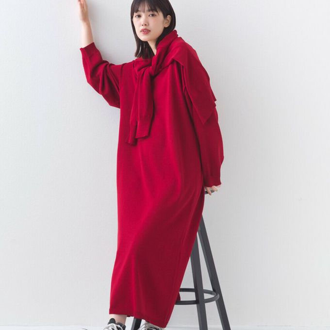 日本 OMNES - 落肩優雅柔滑嫘縈素色長袖洋裝-紅