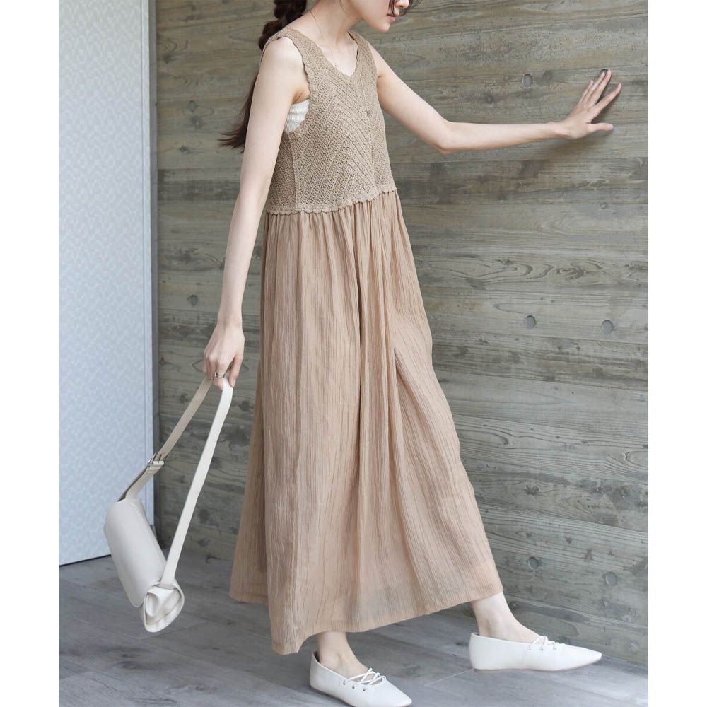 夏日氛圍鉤針縐紗背心裙-摩卡