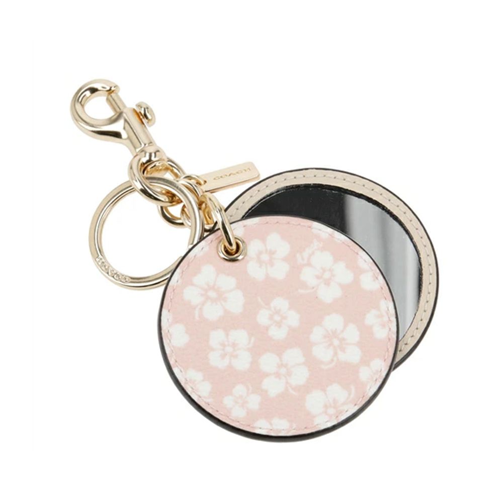 圓形印花皮革化妝鏡鑰匙圈/吊飾 (粉白花朵)