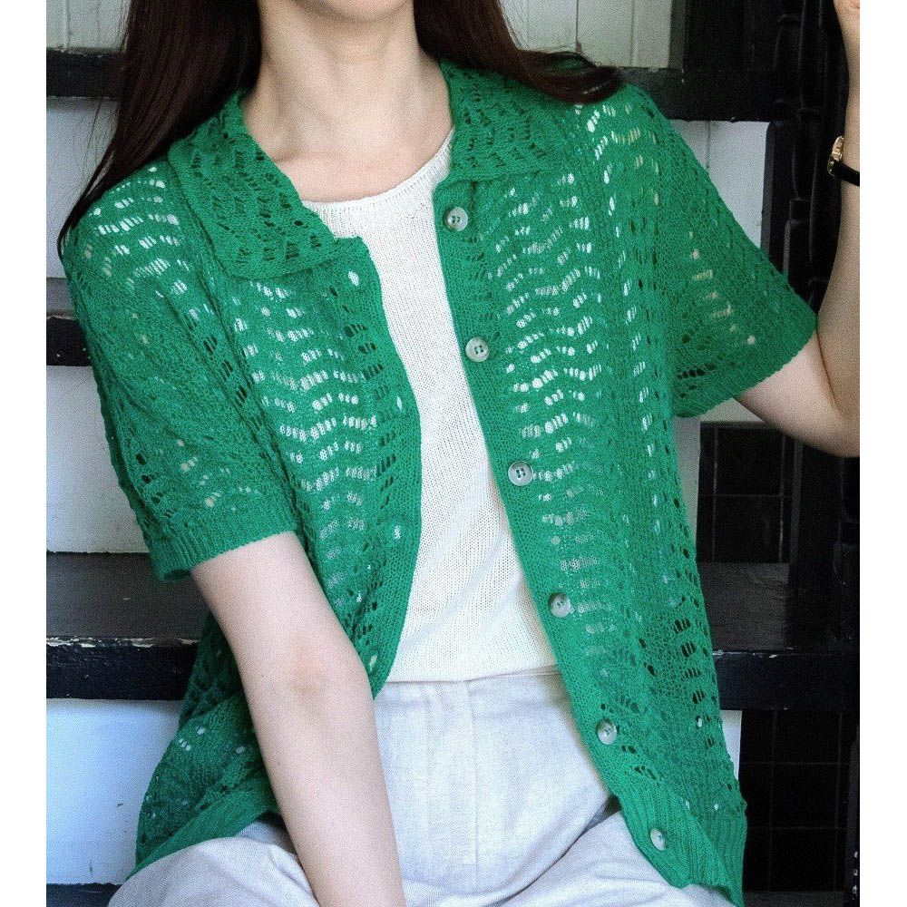 韓製 夏日棉麻翻領短袖針織外套/上衣-綠 (FREE)