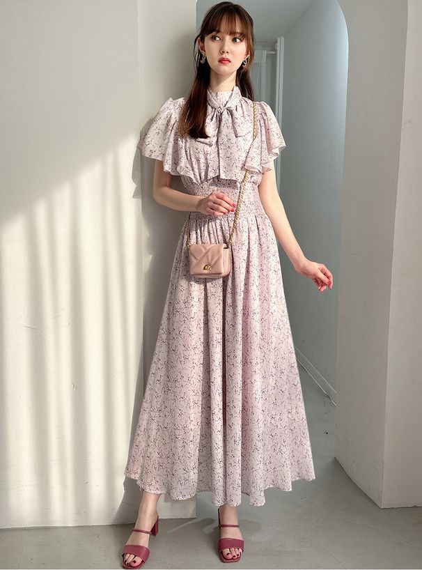 日本 GRL - 華麗扭結荷葉袖碎花洋裝-淺桃粉