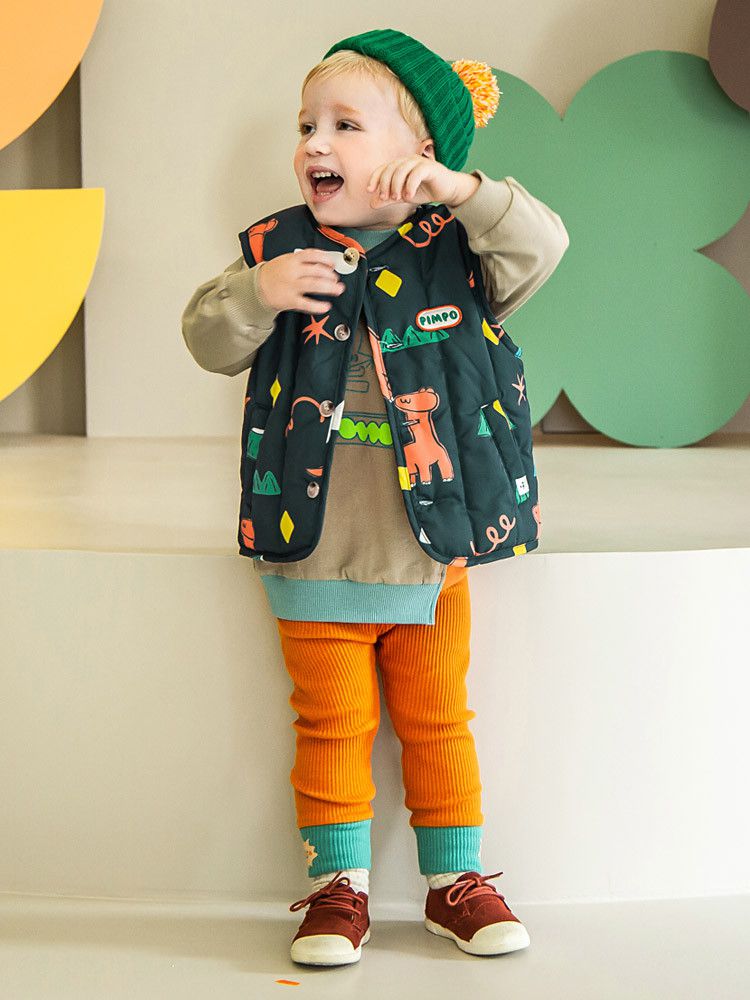 韓國Pimpollo - 手繪風自信恐龍保暖背心-灰