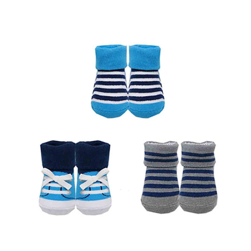 美國 Luvable Friends - 嬰兒襪/寶寶襪/初生襪 3入組-藍灰條紋 (0-9M)