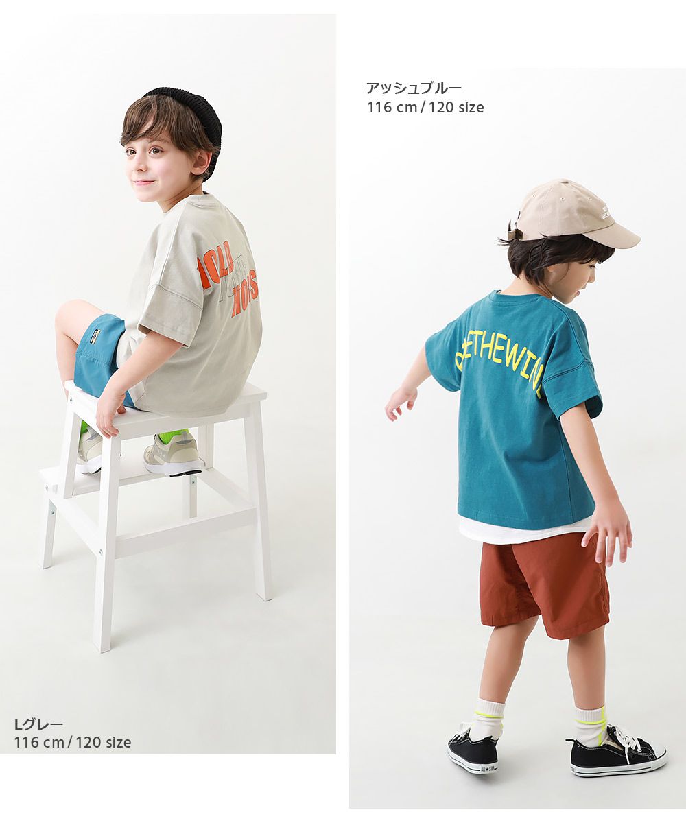 日本 devirock - 背後標語印花落肩短袖上衣-白底藍字