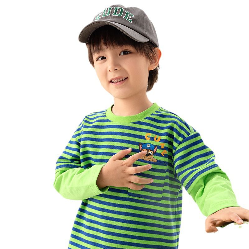 卡通汪汪隊圓領條紋拼接長袖上衣-卡通人物阿奇-綠色