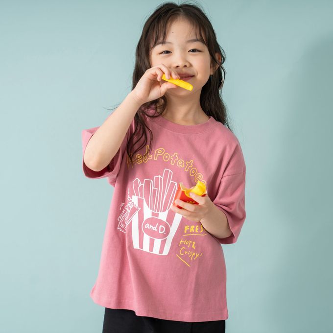 日本 petit main - 100%棉 塗鴉系食物印花短袖上衣-薯條-粉紅
