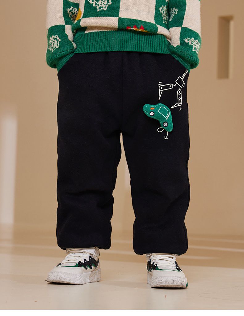 加絨腰鬆緊休閒保暖束口長褲-夾娃娃機恐龍-深藍色