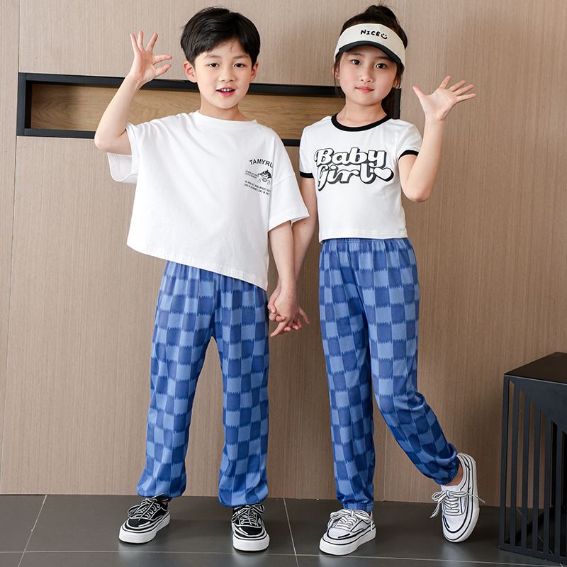 涼感透氣百搭防蚊褲/空調褲-大大格紋-黃色