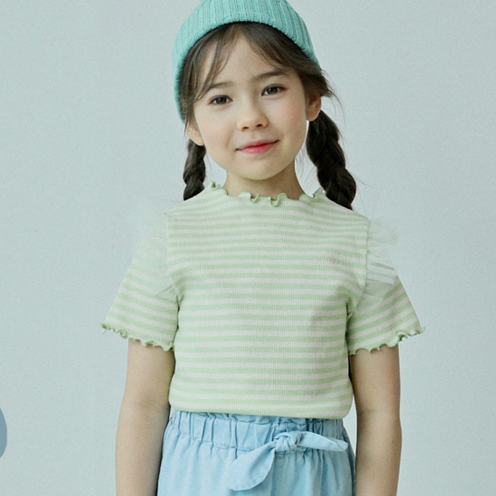 韓國 ERU - 網紗裝飾袖條紋T-青檸綠