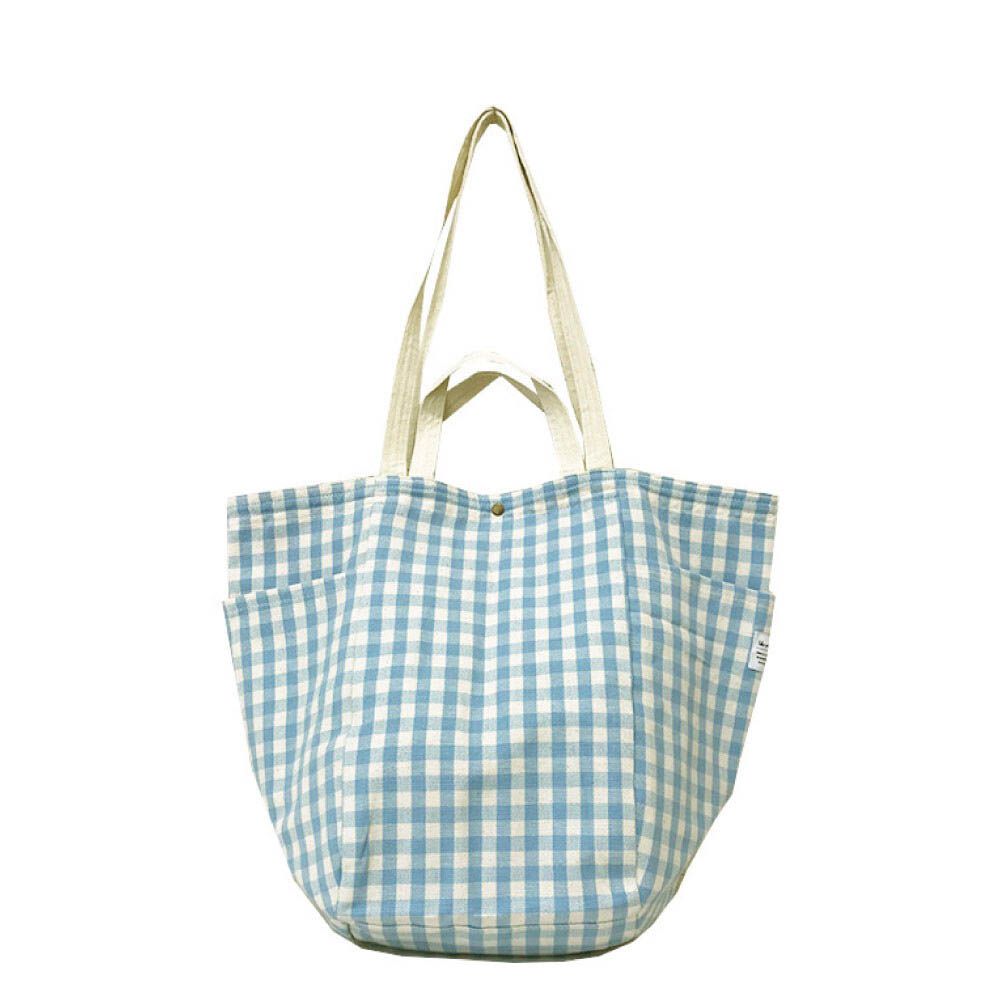 [定番]印度棉大容量2way手提包(15L)-水藍格紋 (約34x46x20cm)