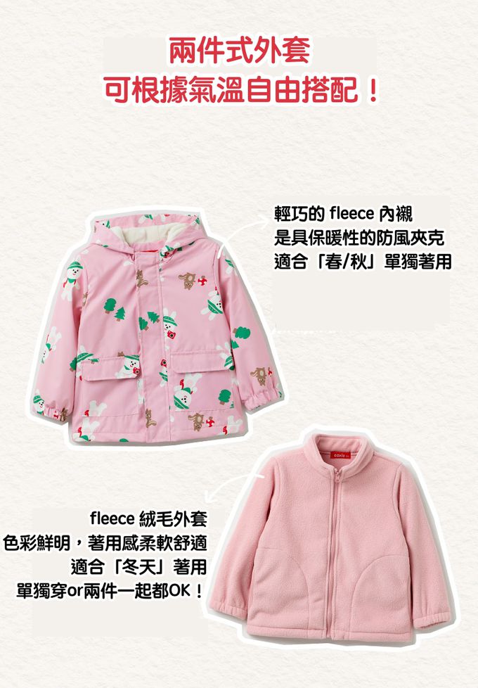 韓國 OZKIZ - (兩件式)防潑水搖粒絨連帽外套-郊遊兔兔-粉