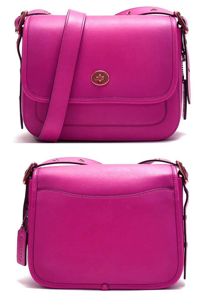 COACH - 素面皮革翻蓋旋釦斜背包 (紫莓)