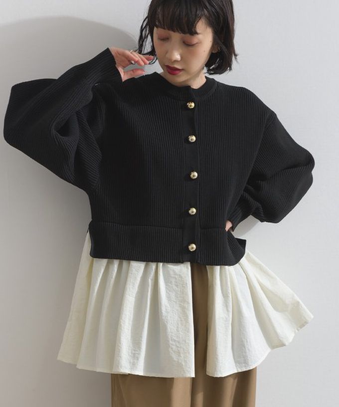 日本 ELENCARE DUE - 羅紋針織美型金扣層次長袖上衣-炭灰