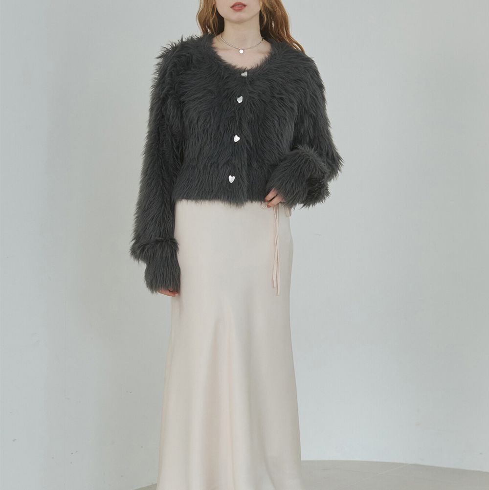 奢華毛海愛心扣前後2way開襟衫-短版-炭灰