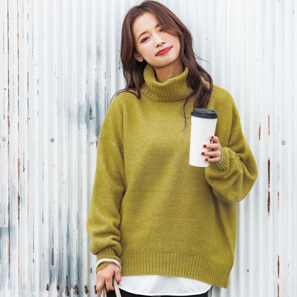 日本 COCA - 柔軟寬鬆高領針織毛衣-黃