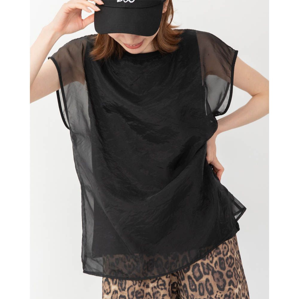 輕盈歐根紗唯美顯瘦法式袖上衣-黑