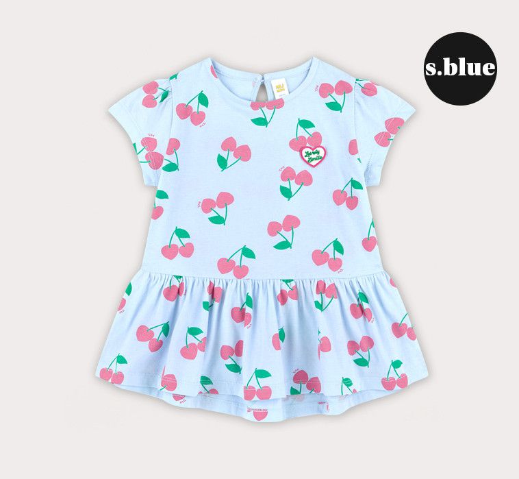 韓國 HEJMINI - 荷葉下擺滿版櫻桃上衣-粉紅