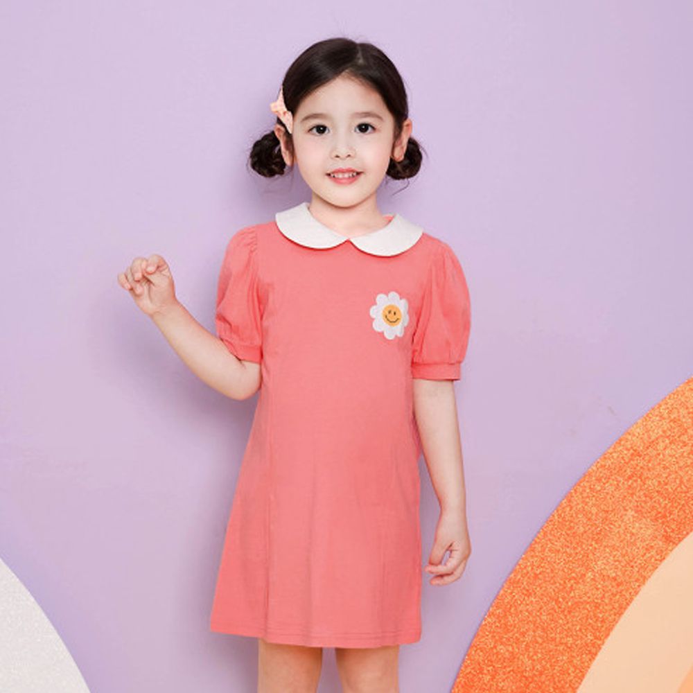韓國 WALTON kids - 微笑花朵泡泡袖A字洋裝-玫瑰粉