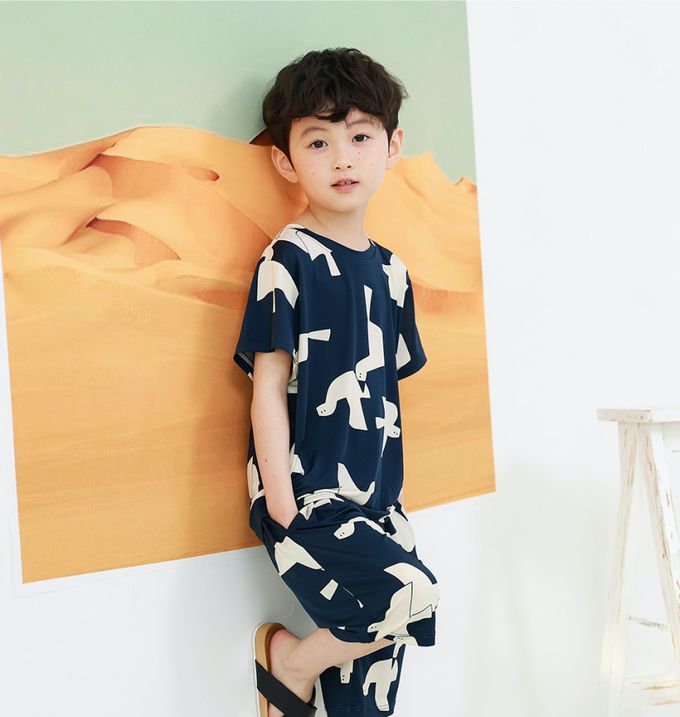 韓國 Ppippilong - 涼爽透氣短袖家居服-抽象小鳥-深藍