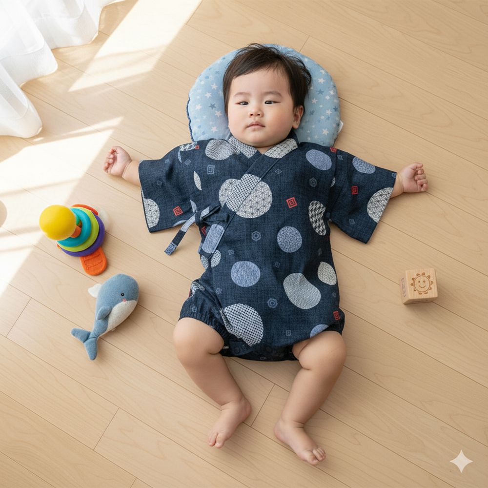 甚平包屁衣-圓形和風圖案-黑色