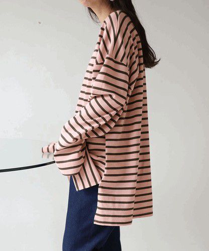 日本 Bou Jeloud - 百搭落肩長袖上衣-條紋-粉