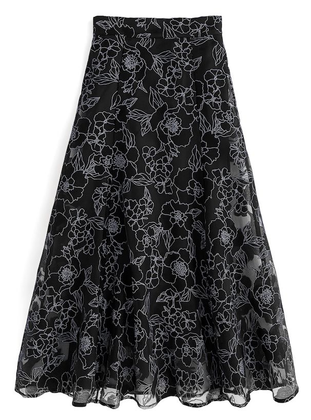 日本 GRL - 芍藥花刺繡修身長裙-簡約黑