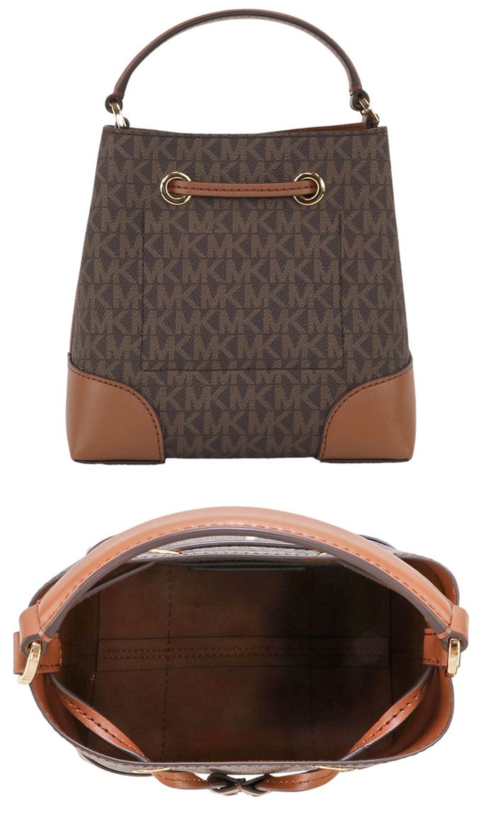 MICHAEL KORS - 滿版LOGO拼接皮革水桶包 (咖駝)
